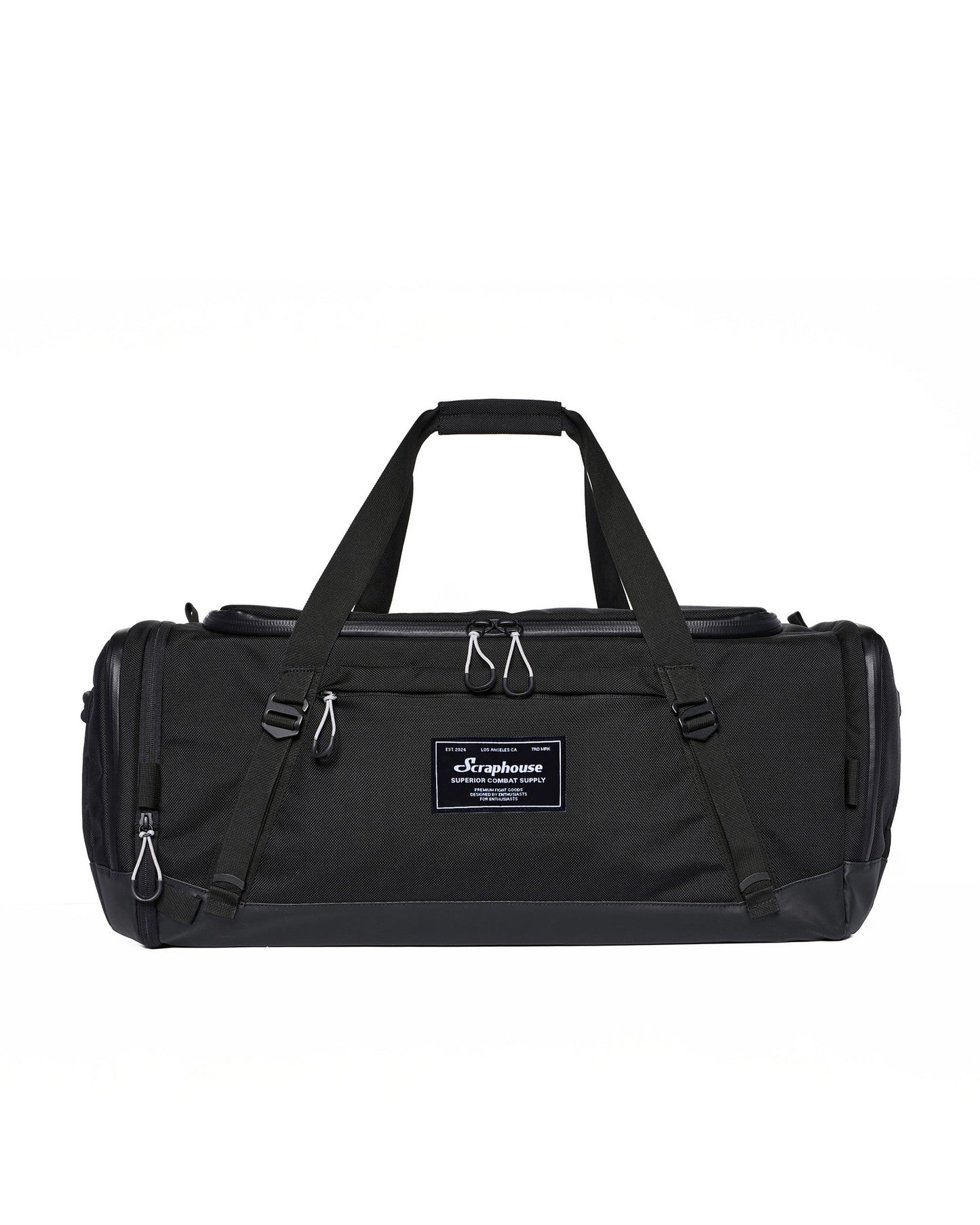 Scuffle Duffle combat sports gym bag in Volcanic Black, front view with carry handles and Scraphouse label