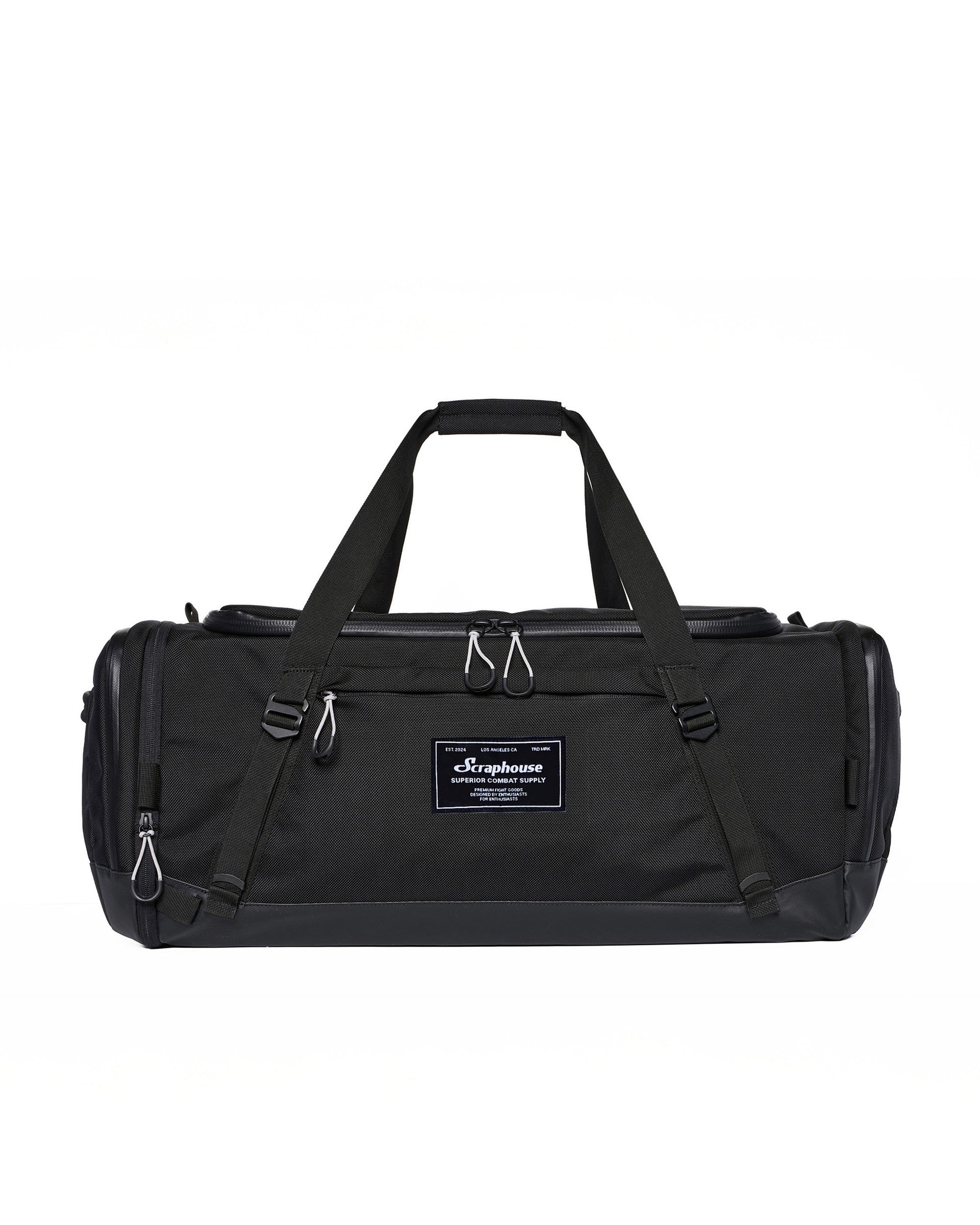 Scuffle Duffle combat sports gym bag in Volcanic Black, front view with carry handles and Scraphouse label