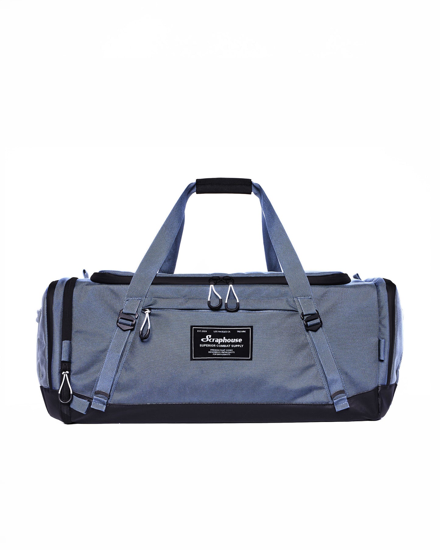 Scuffle Duffle combat sports gym bag in Thundercloud Blue, front view with carry handles and Scraphouse label